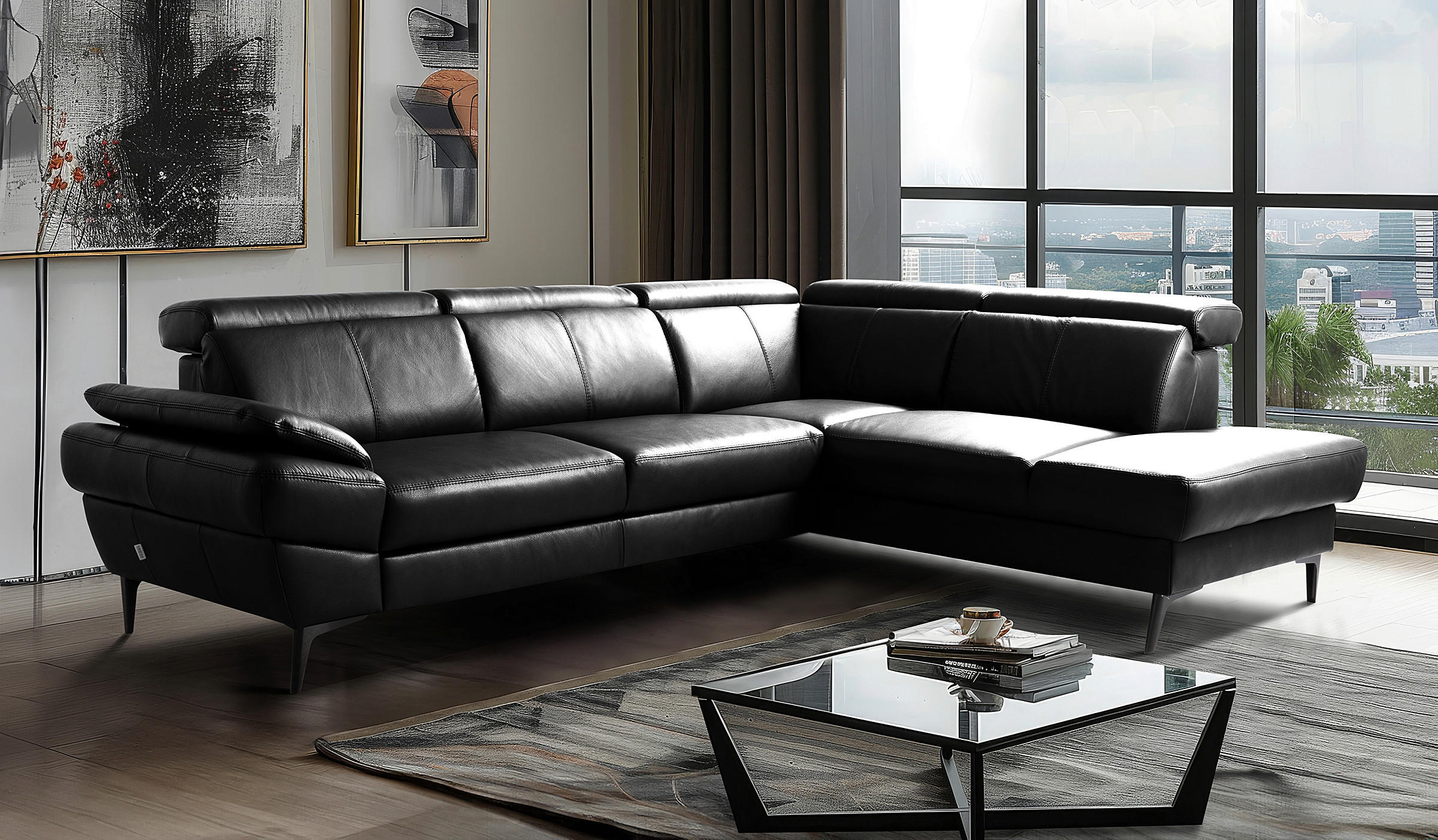 ECKSOFA Schwarz Echtleder Lederlook Bettkasten, Schlaffunktion, Rücken echt, Armteilverstellung, Kopfteilverstellung  - Schwarz, Design, Leder/Textil (264/211cm) - Livetastic