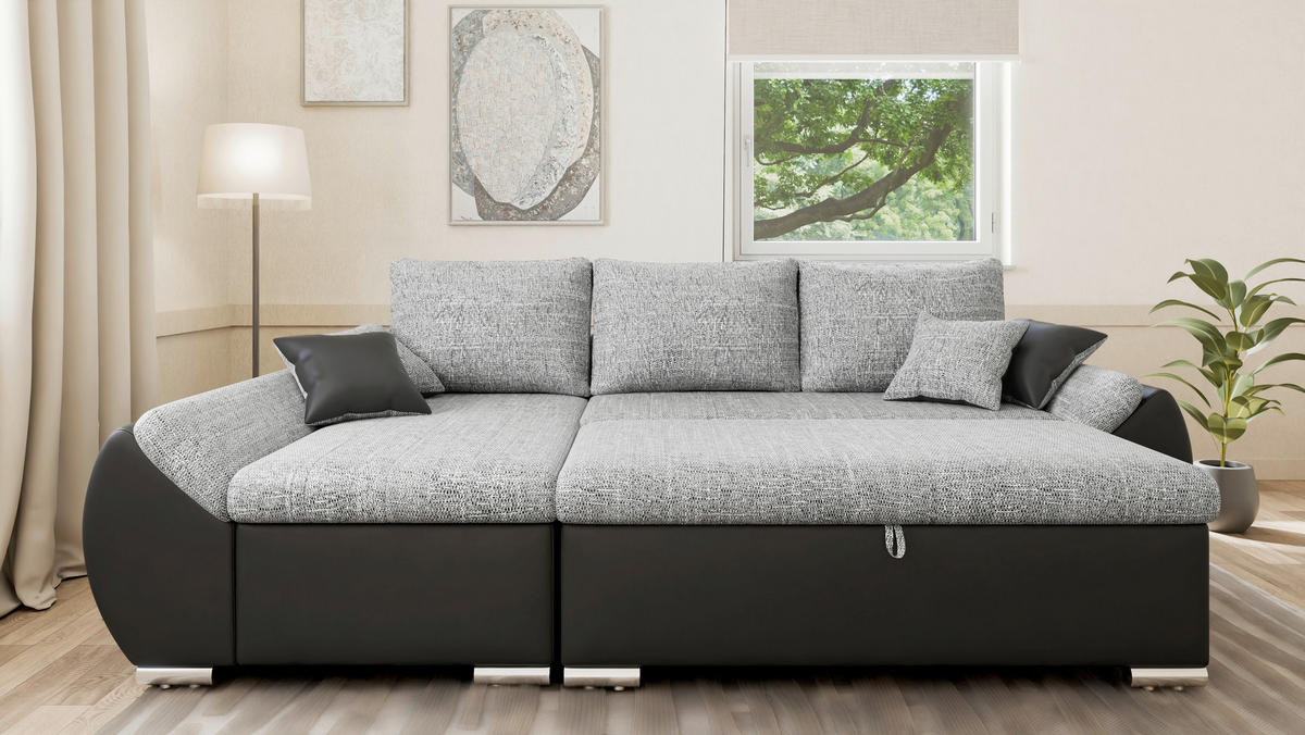 ECKSOFA, inkl. Hocker AURO in Grau, Schwarz Rücken echt, Hocker, Stauraum  275/155 cm  - Silberfarben/Schwarz, Design, Kunststoff/Textil (275/155cm) - MID.YOU
