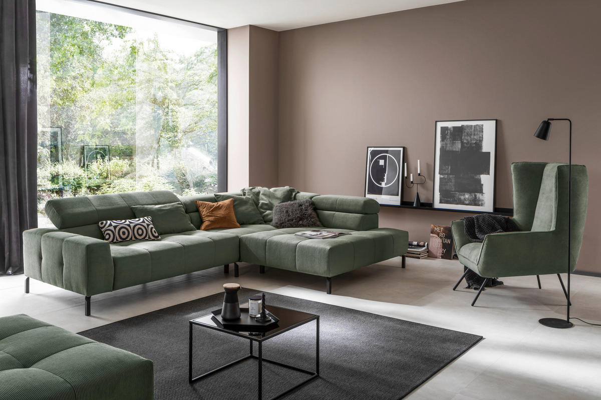 ECKSOFA  in Feincord Olivgrün Rücken echt, Kopfteilverstellung  311/219 cm  - Schwarz/Olivgrün, KONVENTIONELL, Textil/Metall (311/219cm) - Hom`in