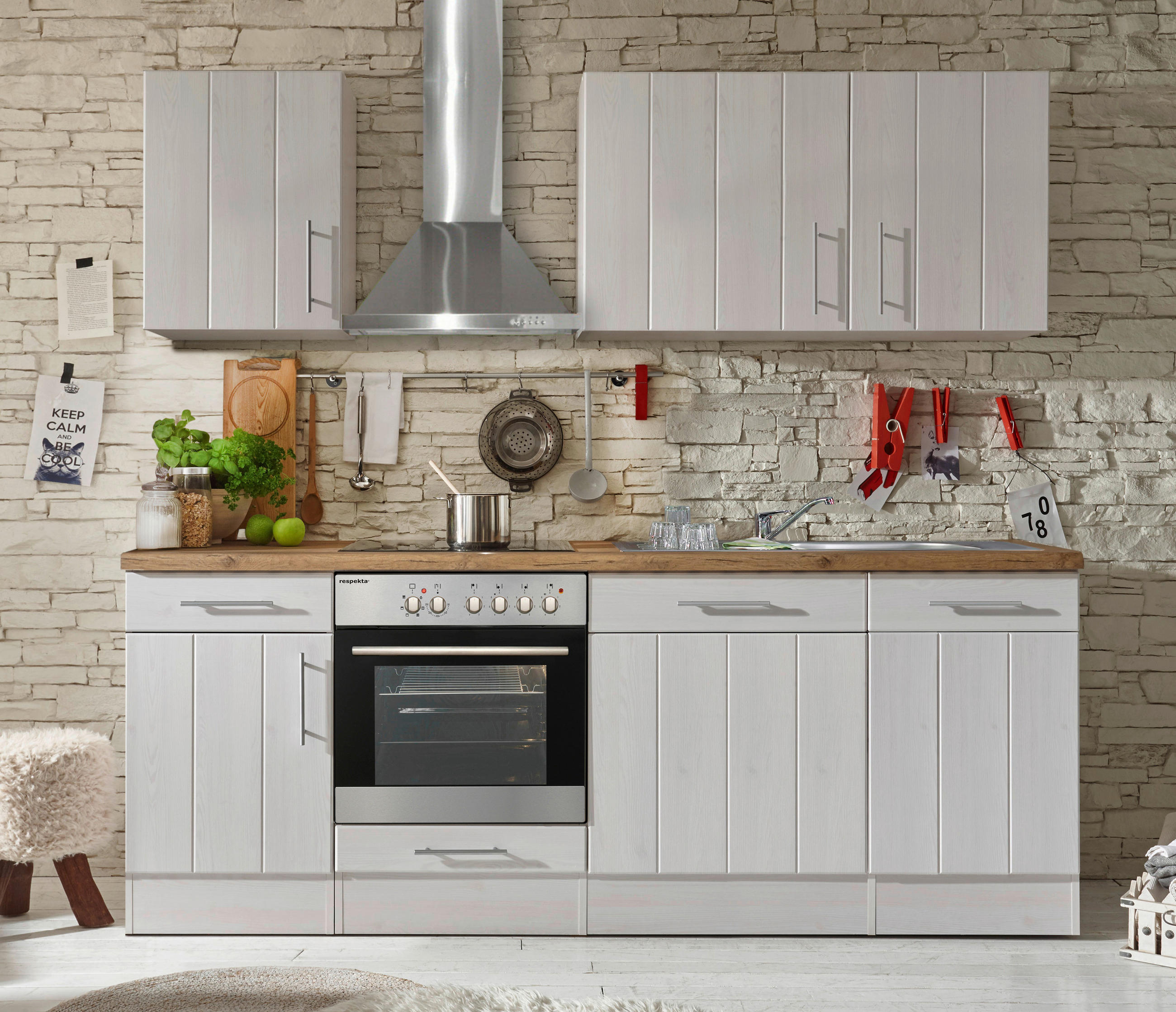 KÜCHENBLOCK 220 cm Weiß, Lärchefarben E-Geräte, Spüle, Soft-Close-System, Ab- und Überlaufgarnitur - Wildeiche/Edelstahlfarben, ROMANTIK / LANDHAUS, Metall (220cm) - Respekta