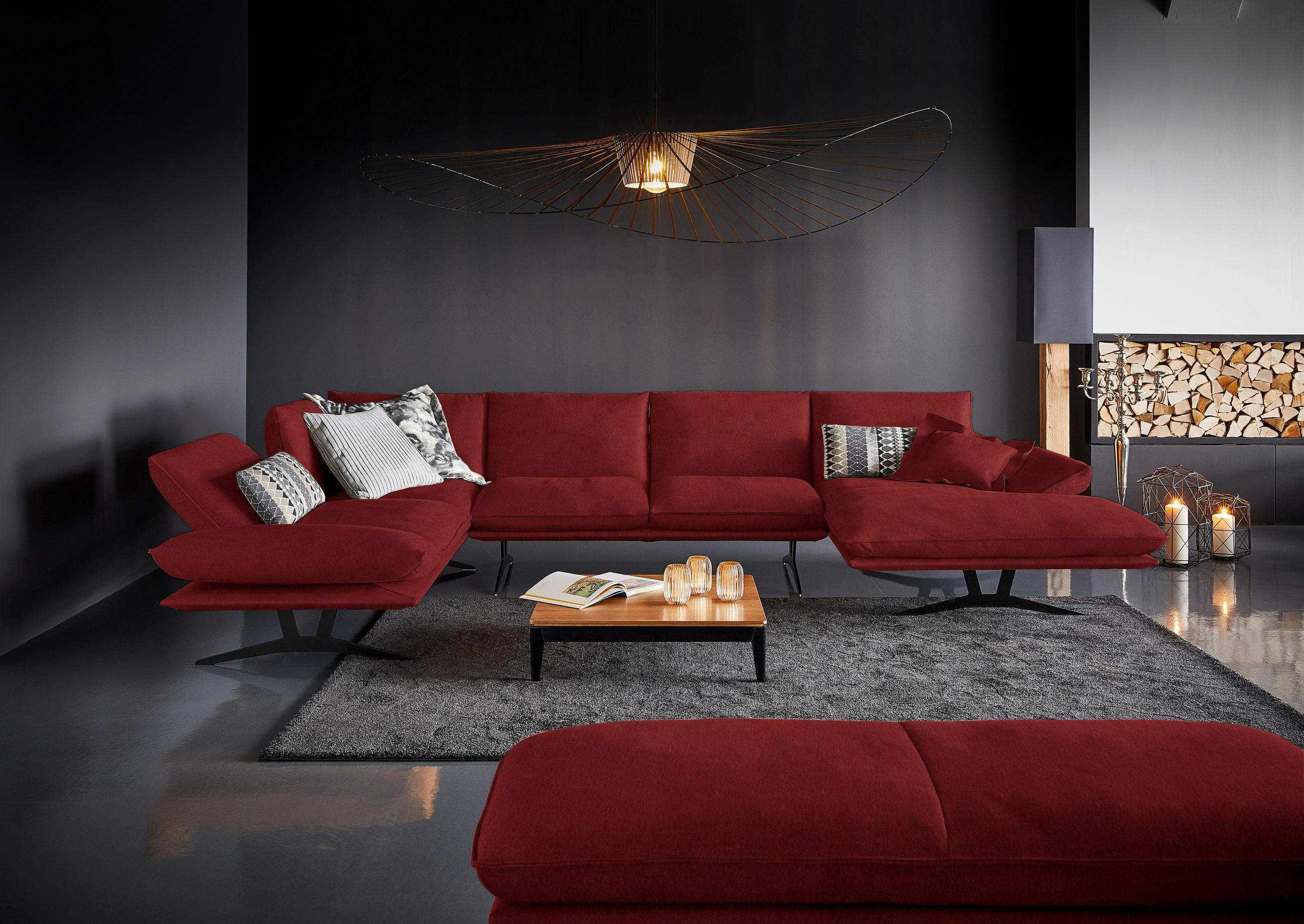 WOHNLANDSCHAFT in Echtleder Rot  - Rot/Schwarz, Natur, Leder/Metall (217/359/155cm) - Dieter Knoll