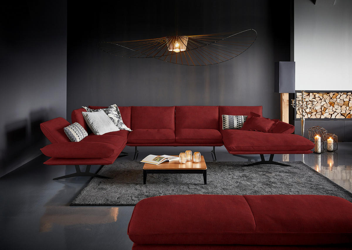 WOHNLANDSCHAFT in Echtleder Rot  - Rot/Schwarz, Natur, Leder/Metall (217/359/155cm) - Dieter Knoll