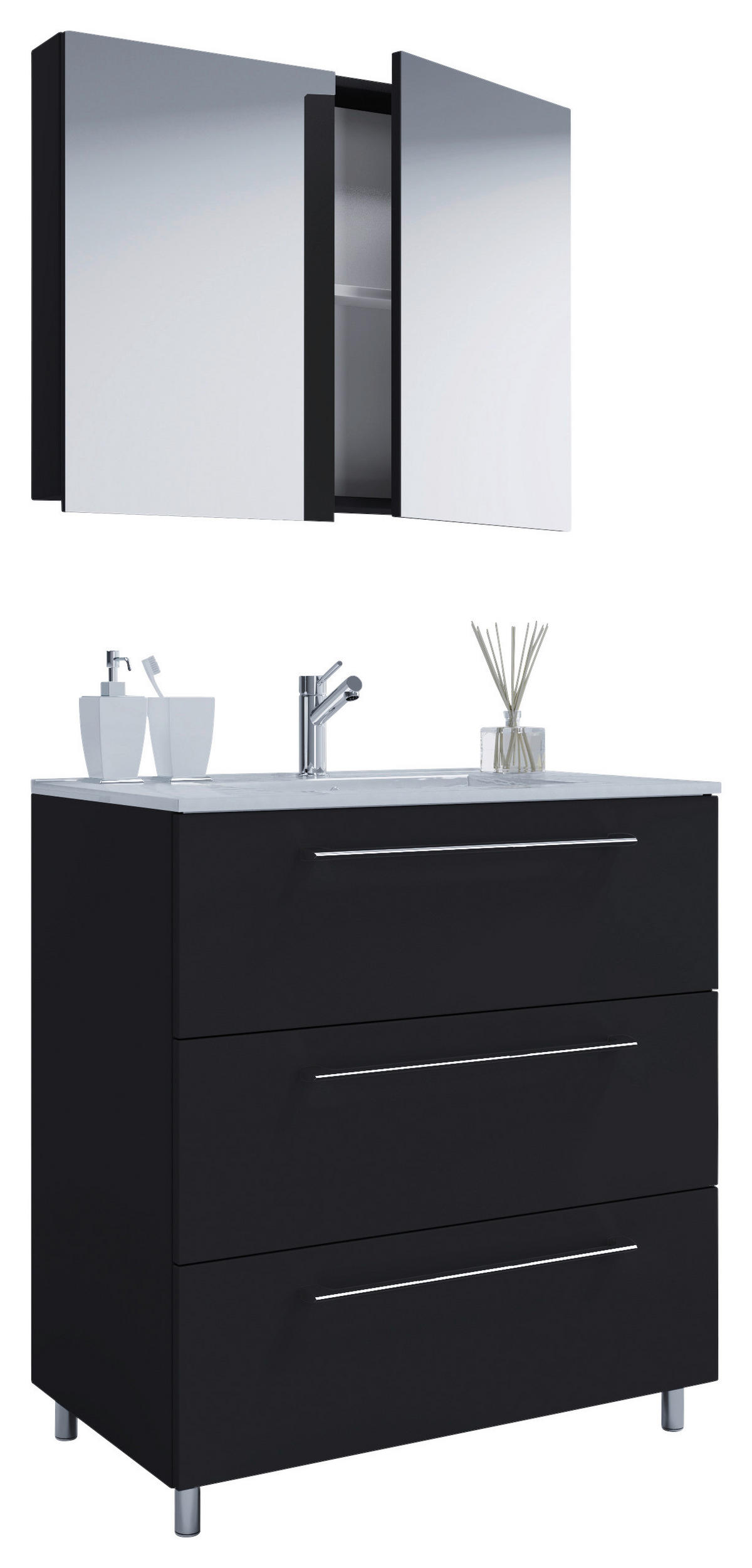 BADEZIMMER 3-teilig  in 80 cm  - Alufarben/Schwarz, MODERN, Keramik/Holzwerkstoff (80cm) - MID.YOU