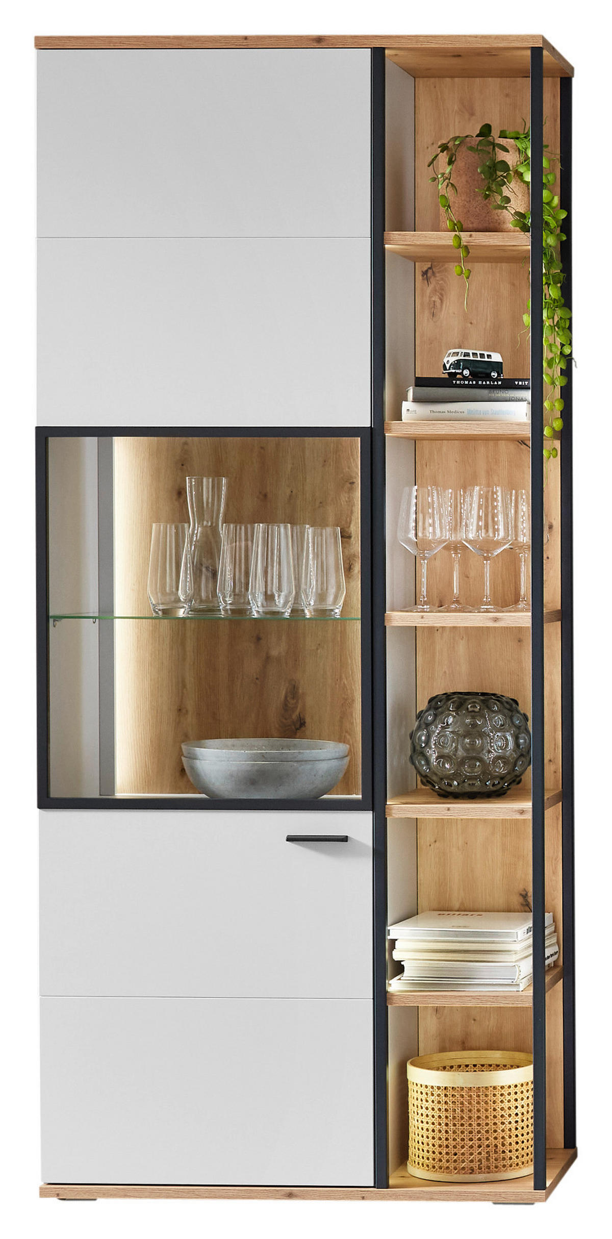 VITRINE Schwarz, Weiss, Eiche Artisan  90/206/37 cm  - Weiss/Schwarz, Design, Glas/Holzwerkstoff (90/206/37cm) - Stylife