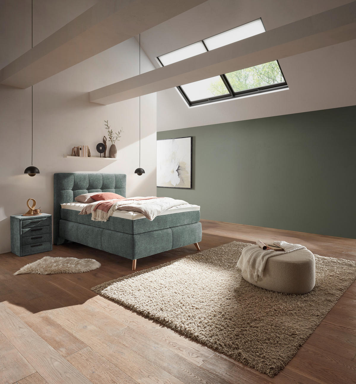 BOXSPRINGBETT 120/200 cm,  in Grün, H4 = sehr fest  - Alteiche/Grün, KONVENTIONELL, Holz/Textil (120/200cm) - Voleo