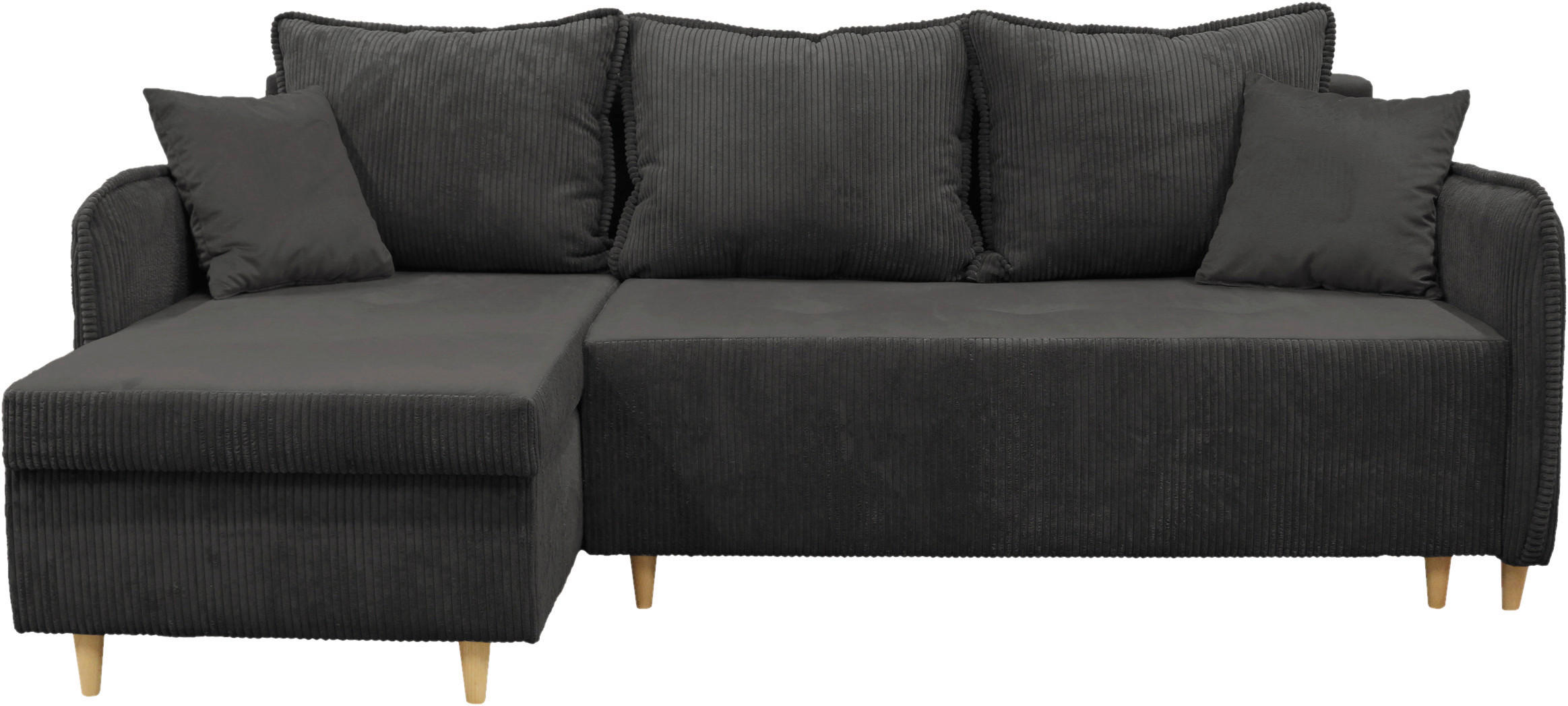 ECKSOFA TEDDY Dunkelgrau Cord, Bouclé Zierkissen, Rückenkissen, Bettkasten  - Dunkelgrau/Naturfarben, Design, Holz/Textil (142/215cm) - MID.YOU