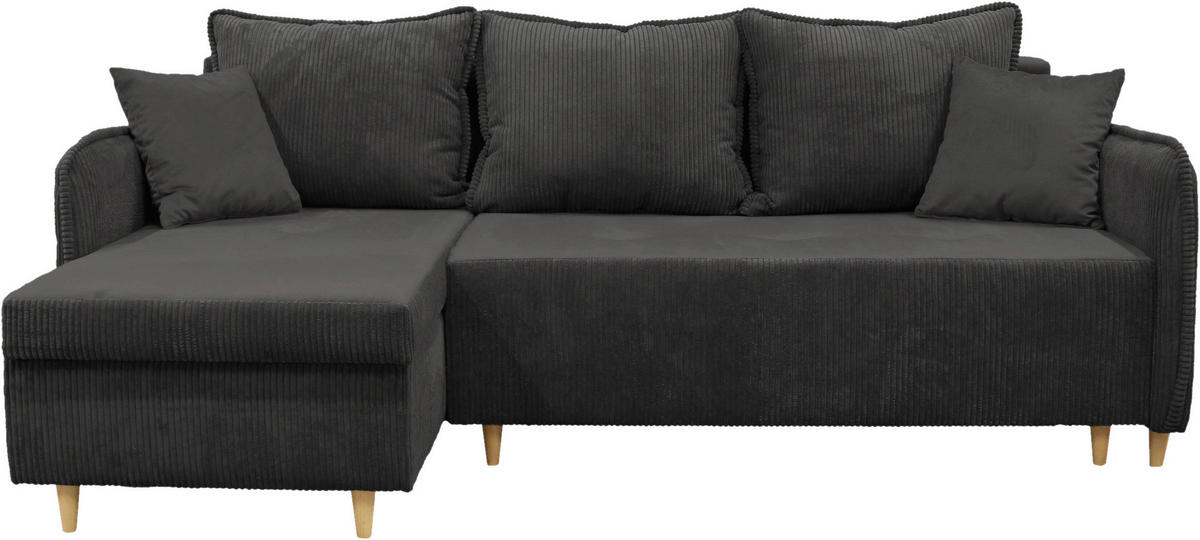 ECKSOFA TEDDY Dunkelgrau Cord, Bouclé Zierkissen, Rückenkissen, Bettkasten  - Dunkelgrau/Naturfarben, Design, Holz/Textil (142/215cm) - MID.YOU