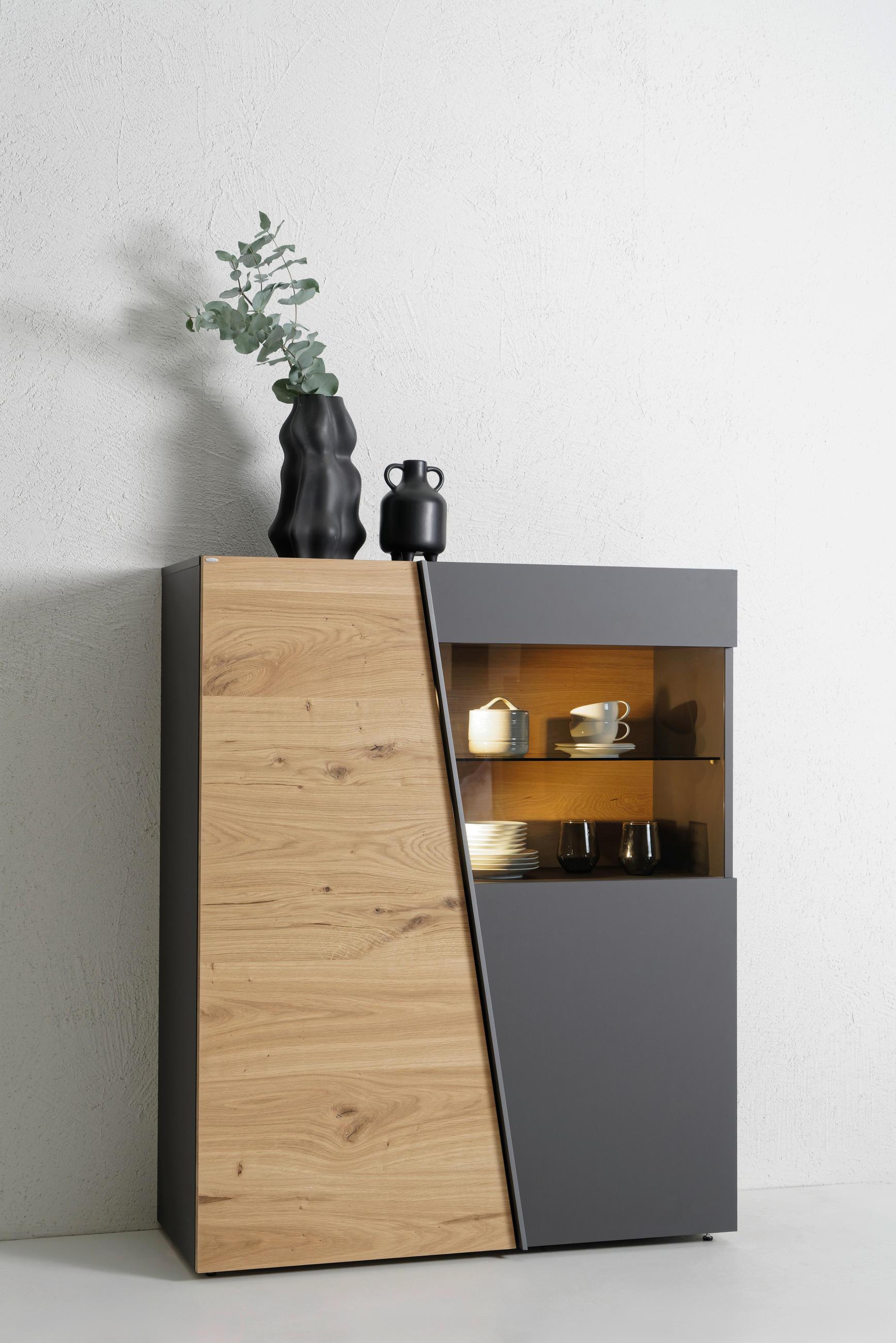 HIGHBOARD Graphitfarben, Wildeiche  96/138/42,3 cm  - Wildeiche/Graphitfarben, Natur, Glas/Holz (96/138/42,3cm) - Voglauer