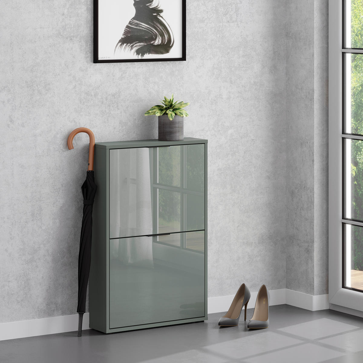 SCHUHKIPPER - Salbeigrün/Schwarz, MODERN, Glas/Holzwerkstoff (60/93/17cm) - Boxxx