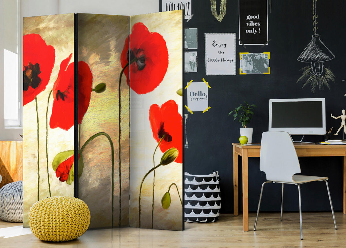 PARAVENT mit 3  Flügel - Hellbraun/Rot, Basics, Holz/Textil (135/172/3cm) - artgeist