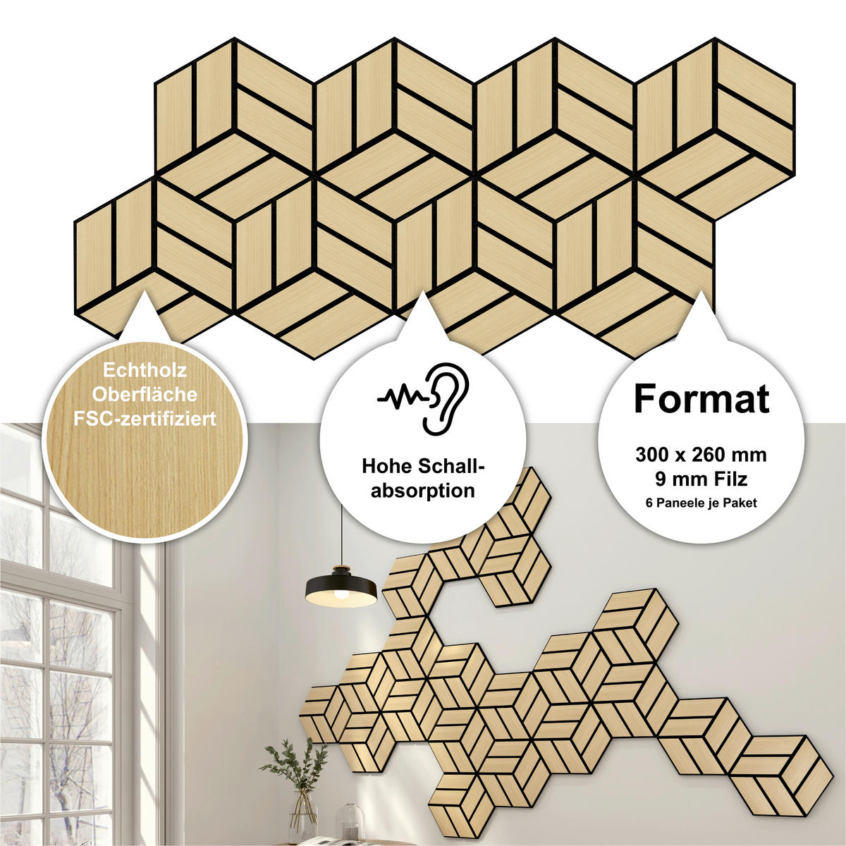 AKUSTIKPANEEL teilmassiv Sonido Single Hexagon  - Hellbraun/Eichefarben, Basics, Holzwerkstoff/Kunststoff (30/26/1.8cm) - Novel