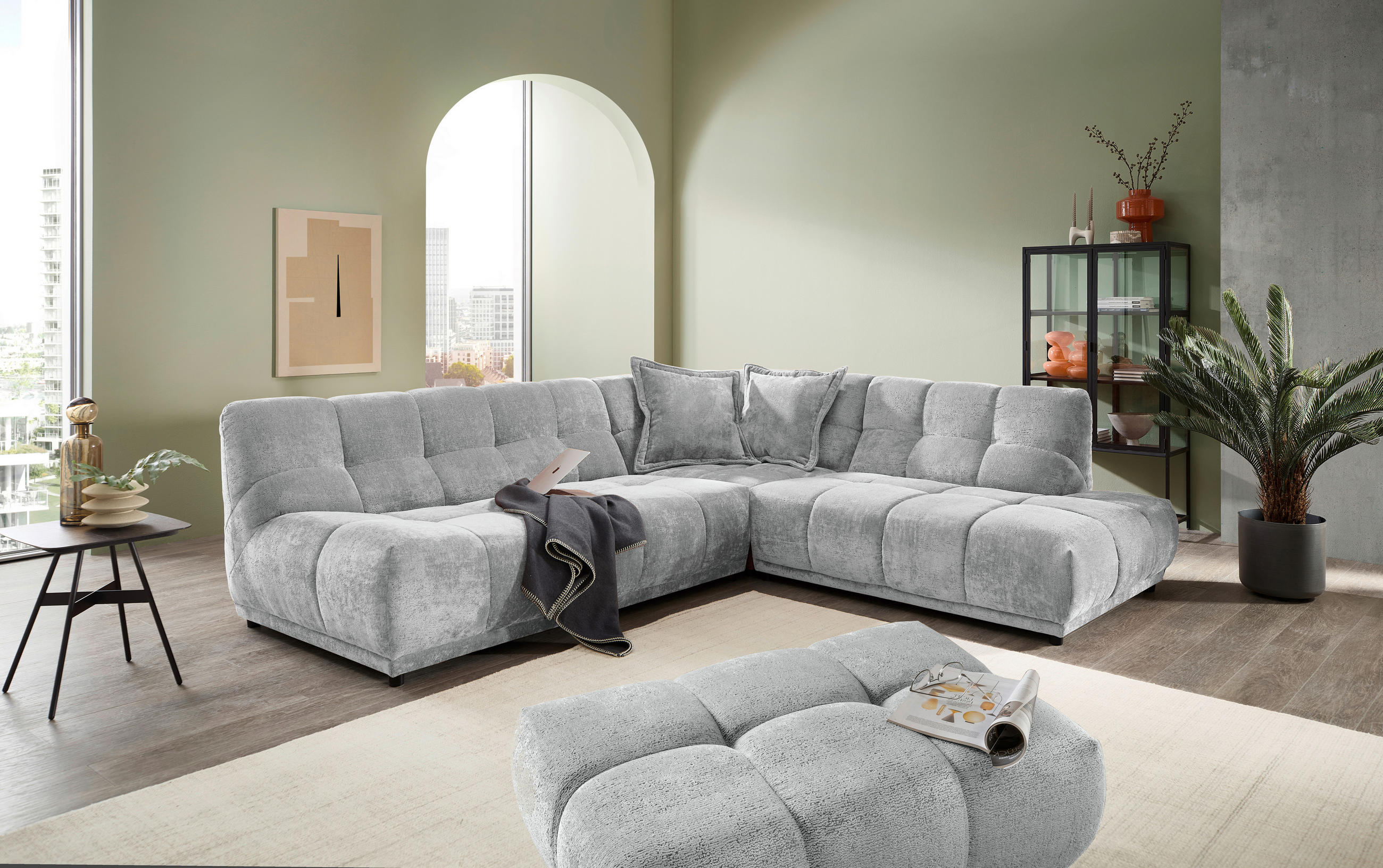 ECKSOFA ITALIA in Chenille Hellblau  284/250 cm  - Schwarz/Hellblau, MODERN, Kunststoff/Textil (284/250cm) - Livetastic