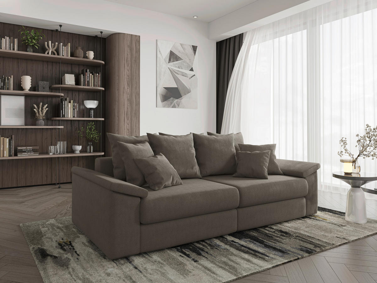 BIGSOFA TERMINI Velours, Webstoff Grau  - Beige/Naturfarben, Design, Holz/Textil (260/98/123cm) - MID.YOU