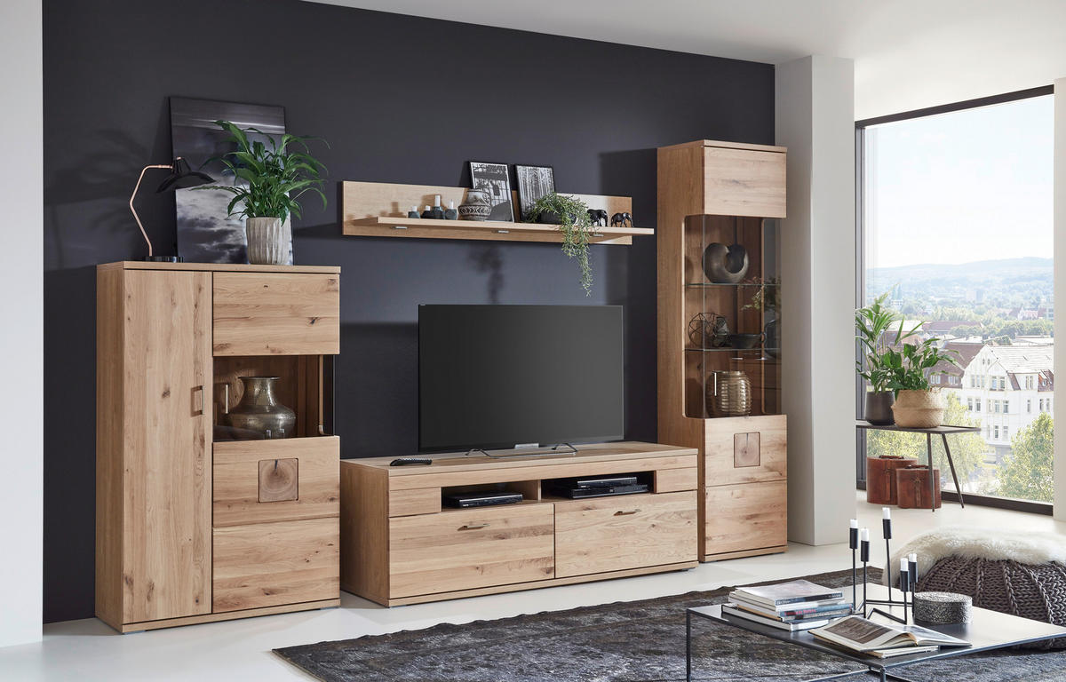 WOHNWAND  in Alteiche 330/208,3/50,2 cm  - Alteiche/Silberfarben, Konventionell, Glas/Holz (330/208,3/50,2cm) - Livetastic
