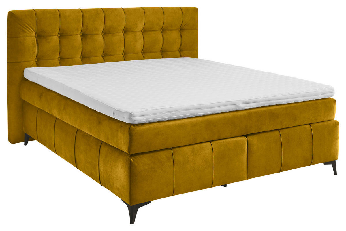 BOXSPRINGBETT 180/200 cm,  in Gelb, gepolstertes Kopfteil, Topper, Matratzen, H3 + H4 = fest + sehr fest  - Gelb/Schwarz, KONVENTIONELL, Kunststoff/Textil (180/200cm) - Modante
