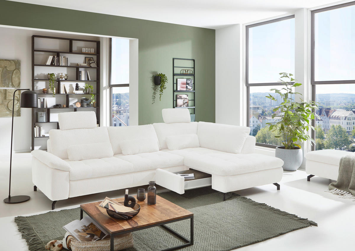 ECKSOFA in Cord, Velours Creme, Naturfarben  - Creme/Schwarz, Design, Textil/Metall (291/197cm) - Beldomo Style