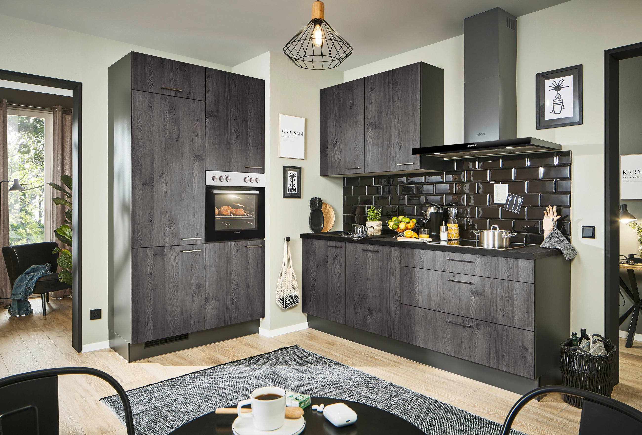 ECKKÜCHE 120/220 cm  in Graphitfarben, Schwarz, Lavagrau  - Eiche dunkel/Lavagrau, Design, Holzwerkstoff/Metall (120/220cm) - Xora
