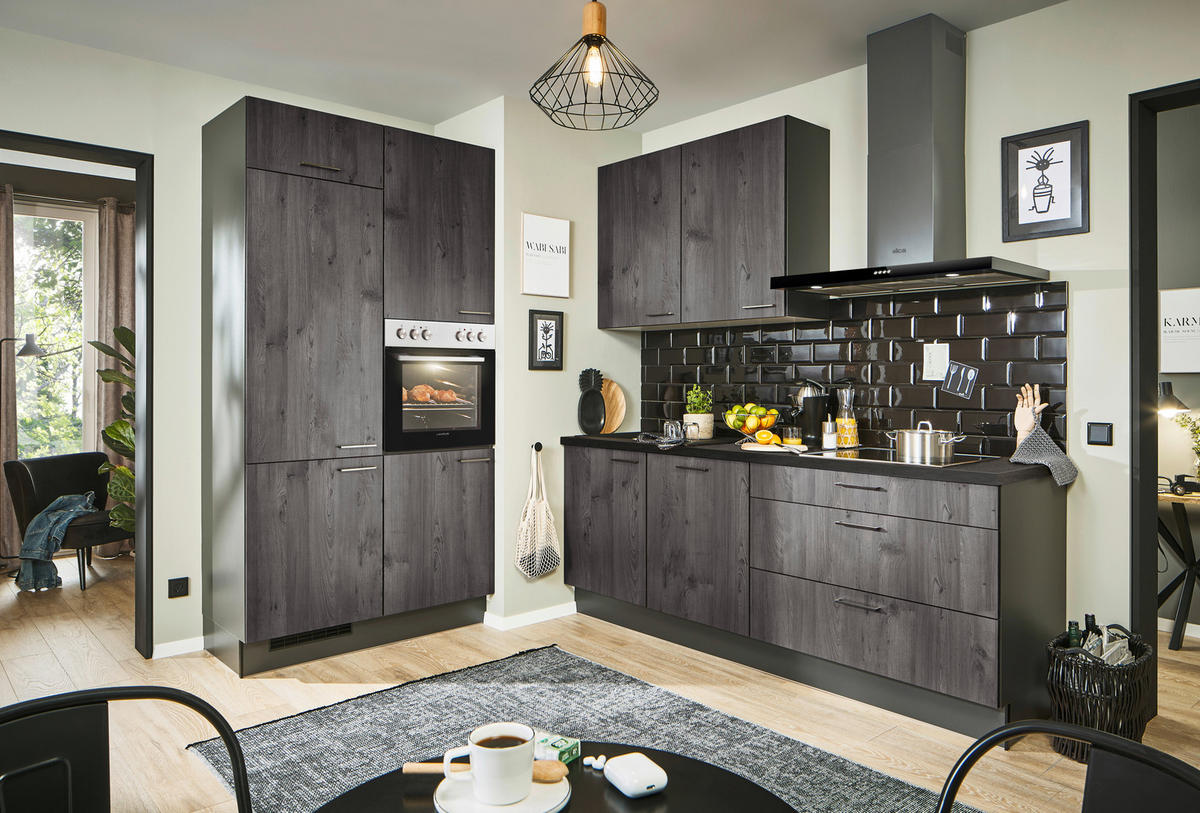 ECKKÜCHE 120/220 cm  in Graphitfarben, Schwarz, Lavagrau  - Eiche dunkel/Lavagrau, Design, Holzwerkstoff/Metall (120/220cm) - Xora