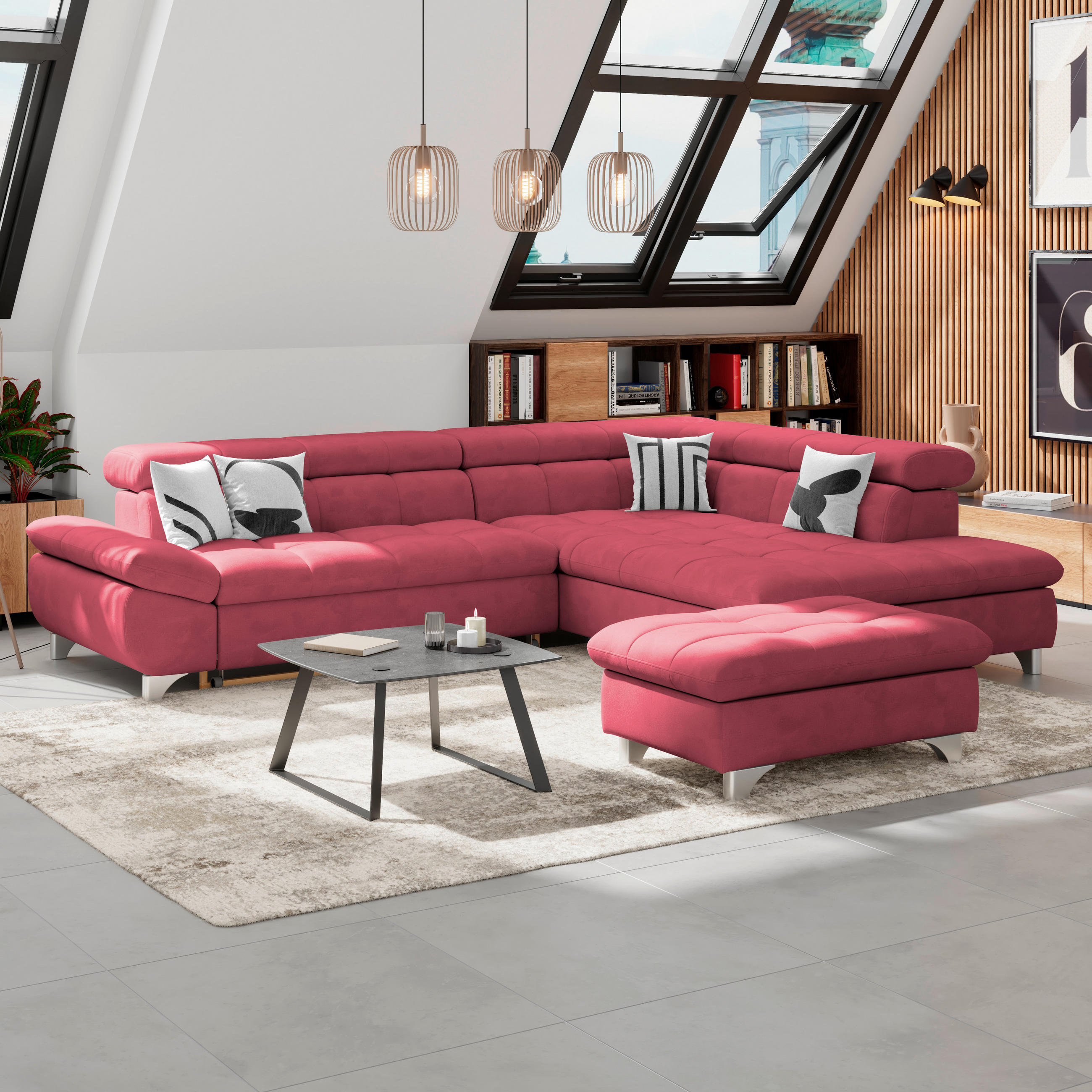 HOCKER Chenille Rot  - Chromfarben/Rot, KONVENTIONELL, Textil/Metall (108/46/108cm) - Livetastic