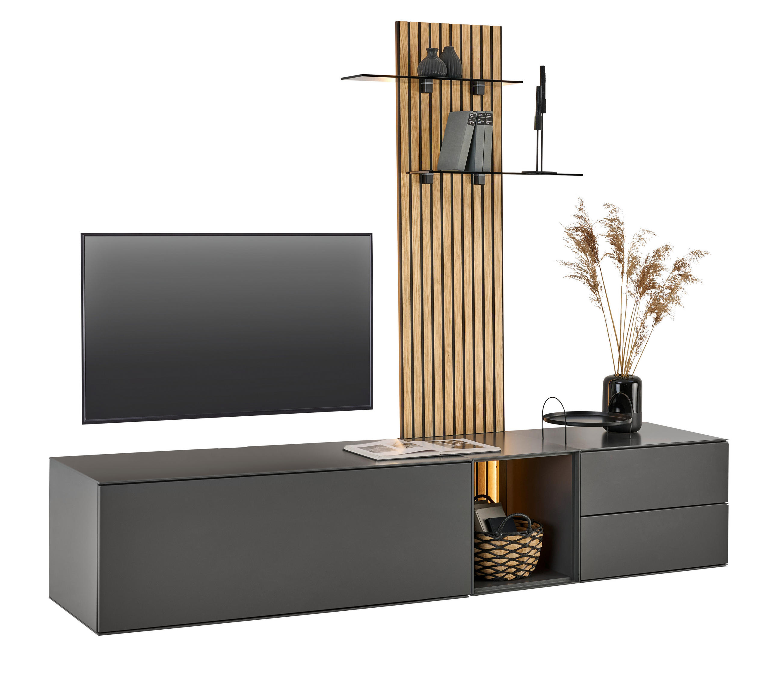 WOHNWAND  in Anthrazit, Eichefarben  221/204/50 cm LED-Leuchtmittel   - Eichefarben/Anthrazit, Design, Glas/Holz (221/204/50cm) - Dieter Knoll