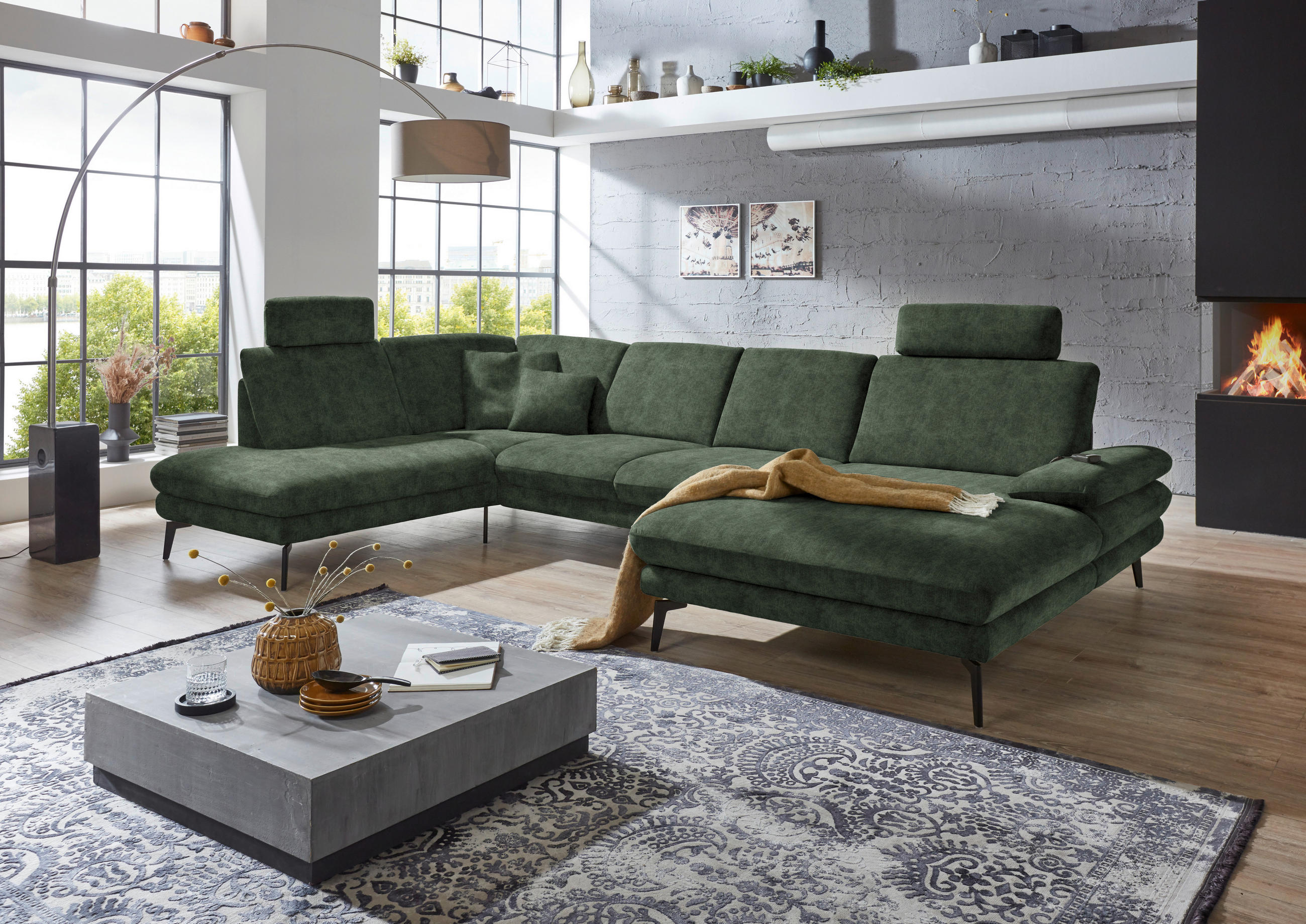 WOHNLANDSCHAFT in Velours Olivgrün  - Schwarz/Olivgrün, Design, Textil/Metall (208/344/180cm) - Dieter Knoll