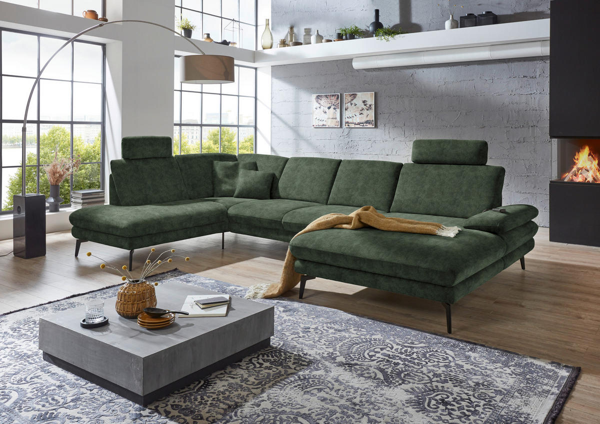 WOHNLANDSCHAFT in Velours Olivgrün  - Schwarz/Olivgrün, Design, Textil/Metall (208/344/180cm) - Dieter Knoll
