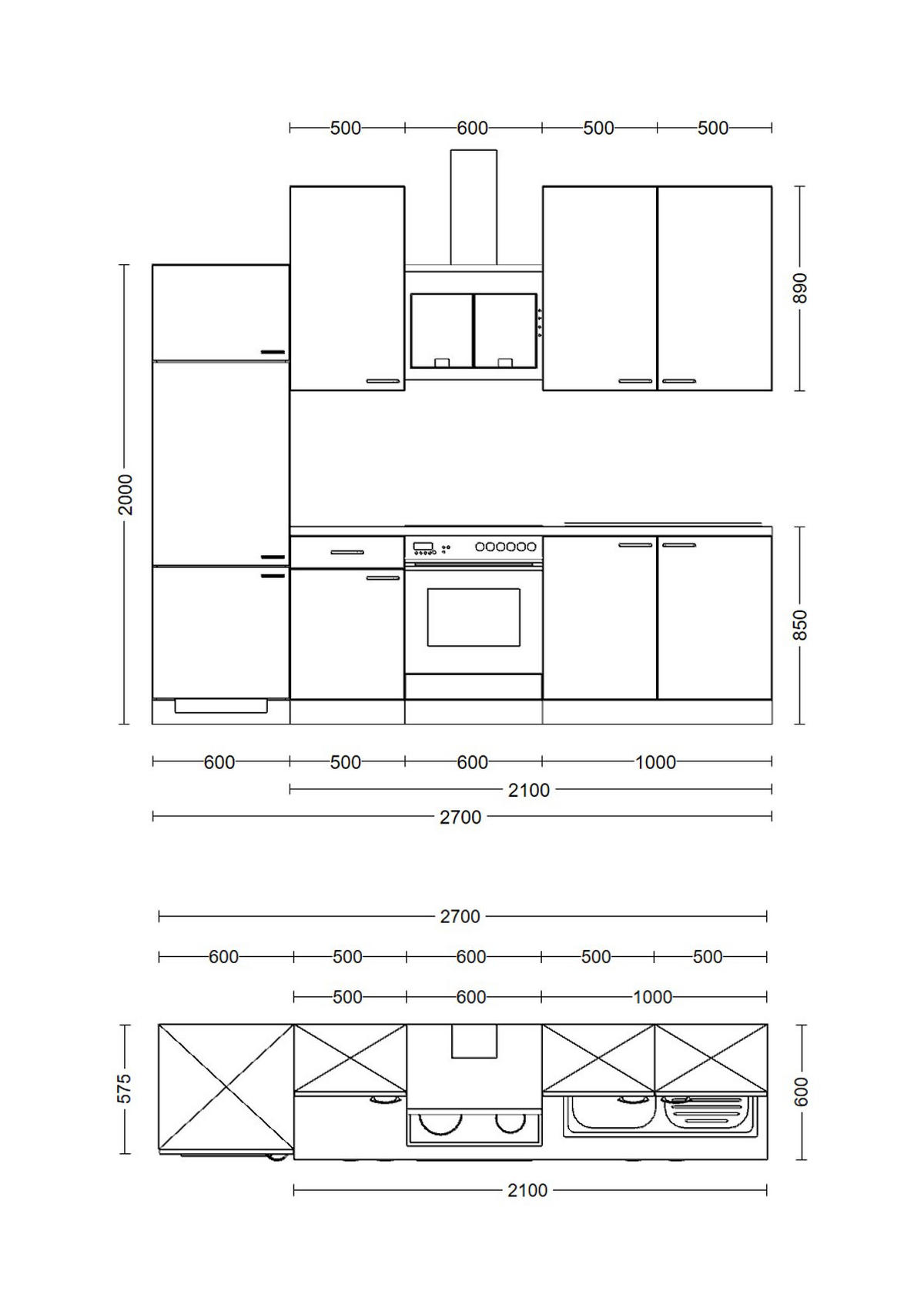 KÜCHENBLOCK 270 cm   in Weiß  - Edelstahlfarben/Hellgrau, MODERN, Holzwerkstoff/Kunststoff (270cm) - FlexWell