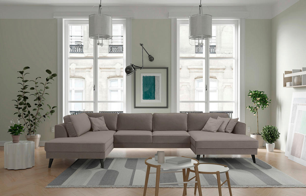 WOHNLANDSCHAFT in Velours Taupe  - Taupe/Wengefarben, Modern, Holz/Textil (201/348/169cm) - Trendmanufaktur