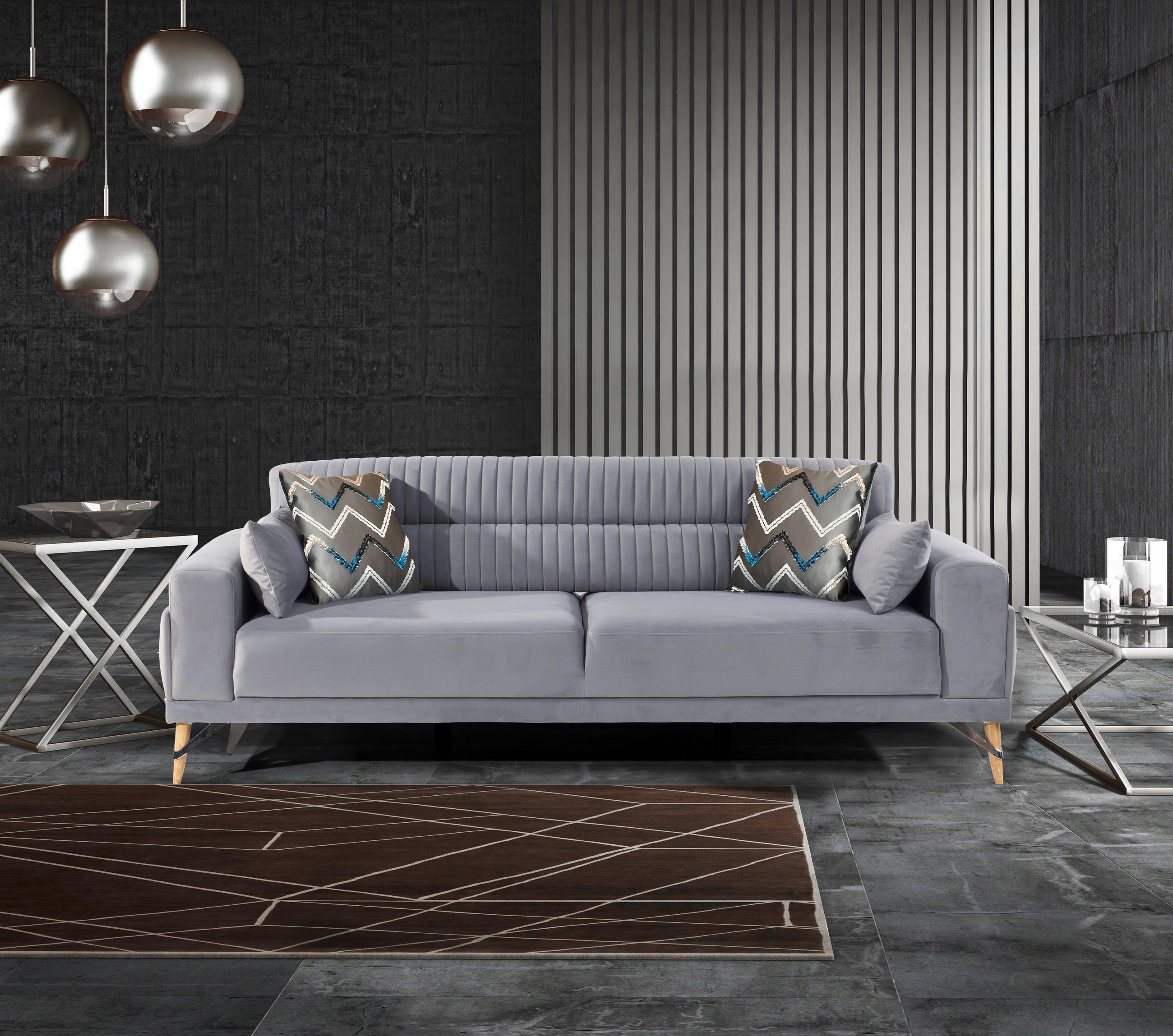3-SITZER-SOFA Samt Grau  - Beige/Grau, Design, Kunststoff/Textil (233/77/87cm) - Livetastic
