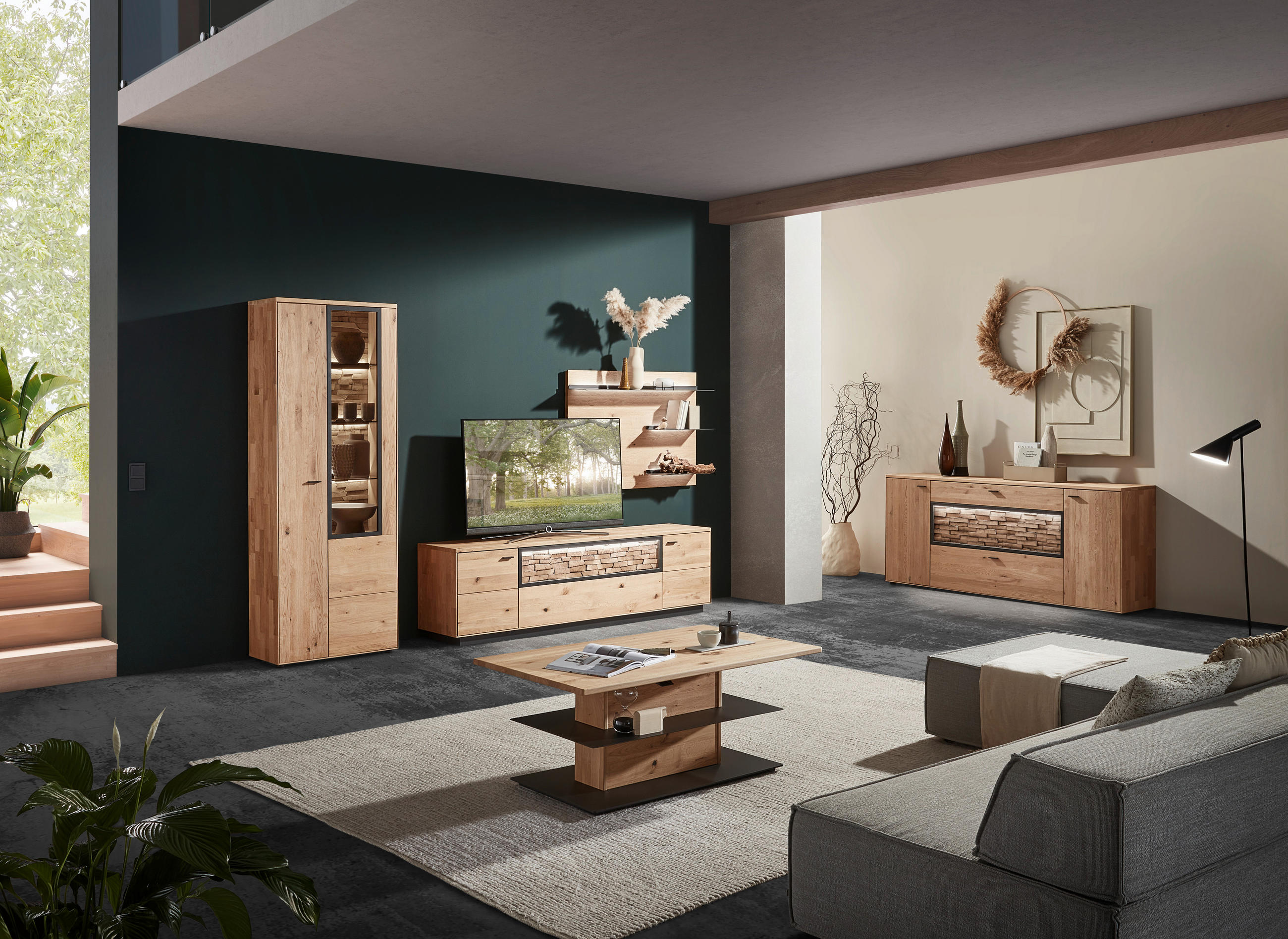 WOHNWAND  in Wildeiche  328,8/207,2/45,2 cm  - Wildeiche/Graphitfarben, Natur, Glas/Holz (328,8/207,2/45,2cm) - Valnatura