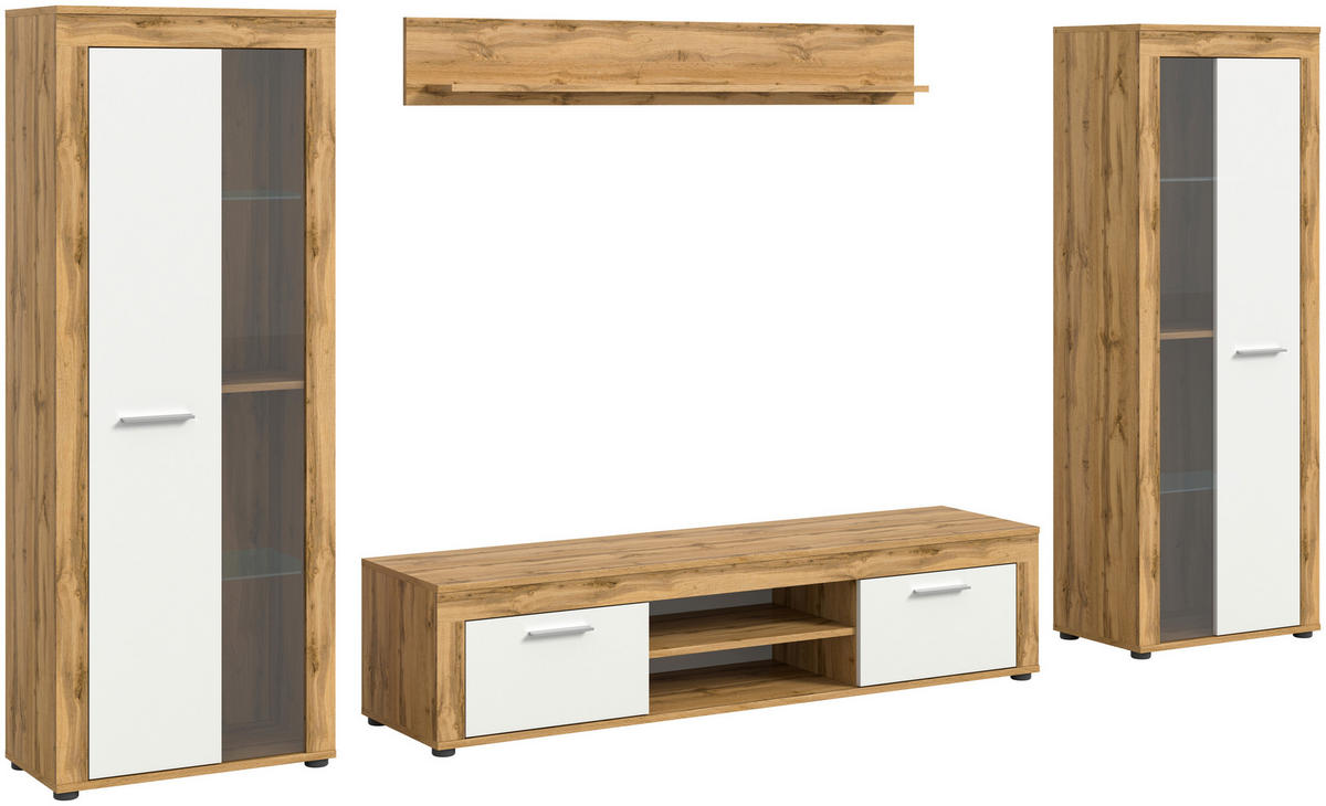 WOHNWAND 4-teilig  in Eiche Wotan  310/159/35 cm  - Silberfarben/Eiche Wotan, Design, Glas/Holzwerkstoff (310/159/35cm) - MID.YOU