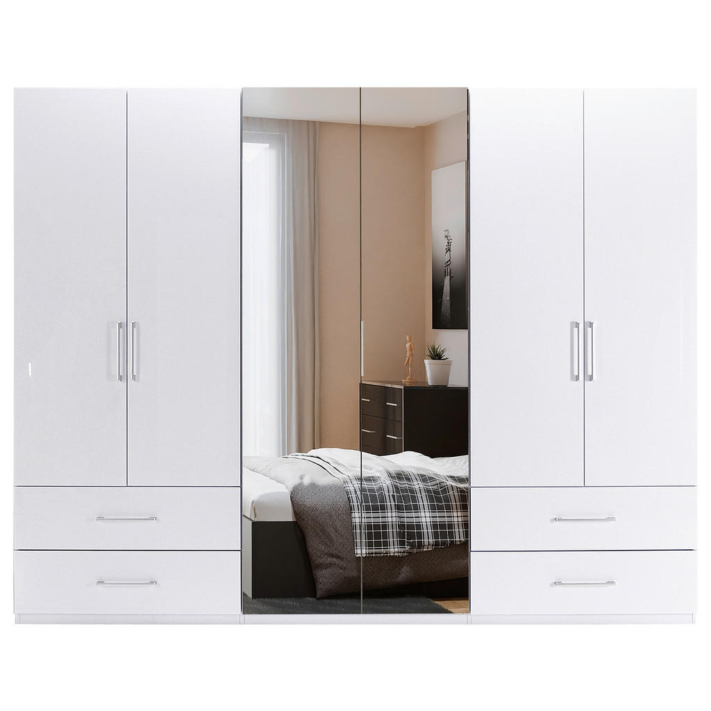 Thumbnail - Boxxx Kleiderschrank, Weiß, Weiß Hochglanz, Holzwerkstoff, 4 Fächer, 4 Schubladen, 269x211x55 cm, Schrankfront mit Spieg...