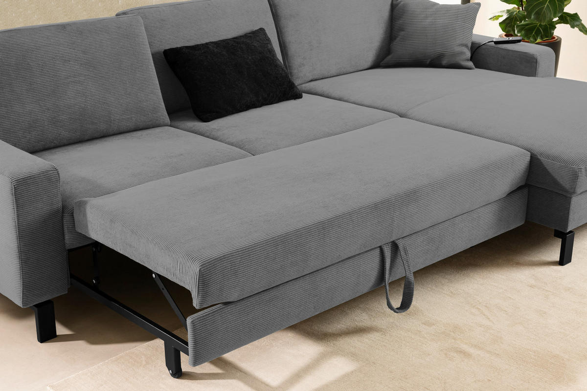 ECKSOFA in Cord Grau  - Schwarz/Grau, Design, Textil/Metall (298/185cm) - Pure Home Lifestyle