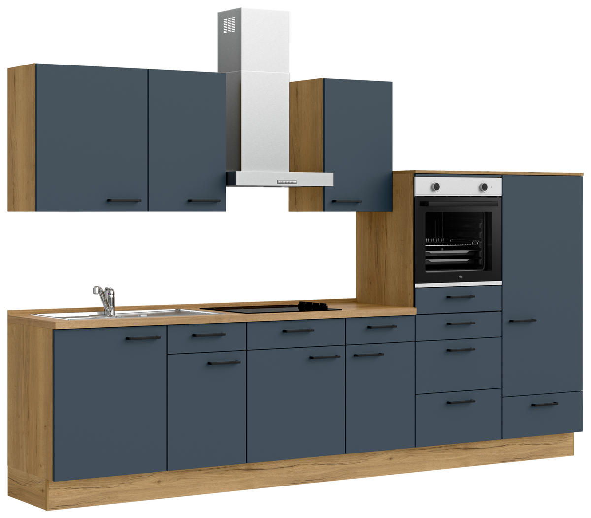 KÜCHENBLOCK 330 cm   in Eichefarben, Dunkelblau  - Eichefarben/Schwarz, MODERN, Holzwerkstoff/Metall (330cm) - Nobilia