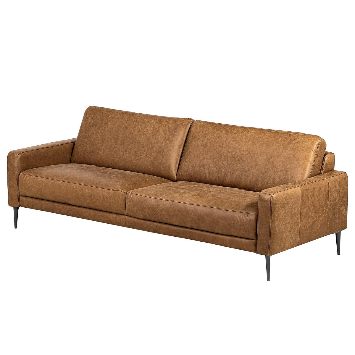 3,5-SITZER SPRING in Lederlook Echtleder Cognac  - Cognac/Schwarzchrom, Design, Leder/Textil (207/85/92cm) - Livetastic