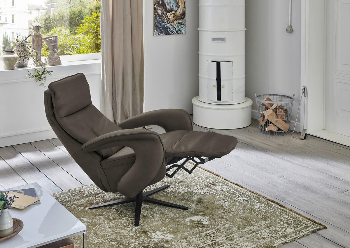 RELAXSESSEL in Leder Graubraun  - Graubraun/Schwarz, Design, Leder/Metall (77/110/87cm) - Valdera