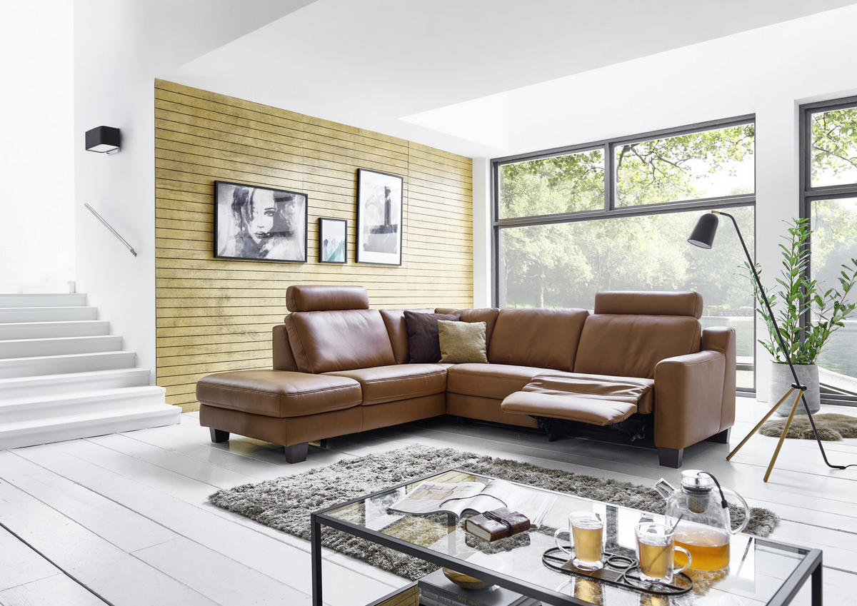 ECKSOFA in Echtleder Braun  235/259 cm  - Eichefarben/Braun, Design, Leder/Holz (235/259cm) - Valdera