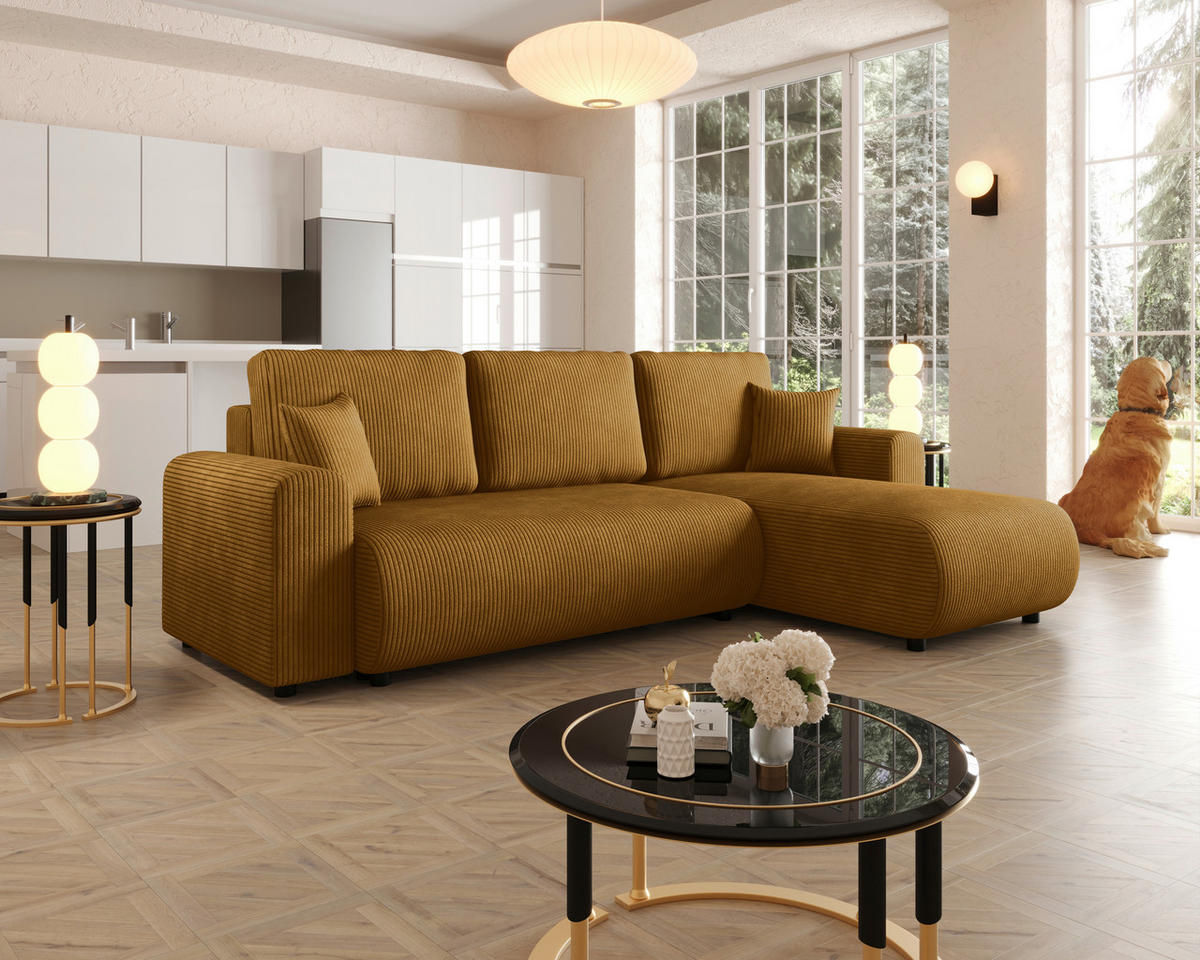 ECKSOFA Senfgelb Cord Zierkissen, Rückenkissen, Schlaffunktion, Rücken echt, Stauraum, Liegefläche im Originalstoff  - Senfgelb/Schwarz, KONVENTIONELL, Kunststoff/Textil (246/152cm) - Xora
