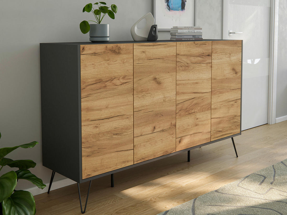 SIDEBOARD Posseik Industrial 155/93,6/42 cm  - Eichefarben/Graphitfarben, Design, Holzwerkstoff/Metall (155/93,6/42cm) - P & B