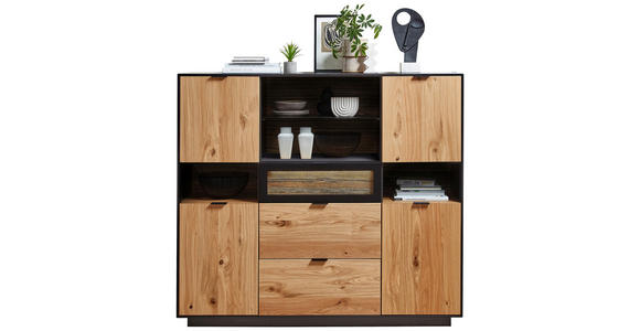 HIGHBOARD Schwarz, Eichefarben 145/130/38 cm - Eichefarben/Schwarz, Design, Glas/Holz (145/130/38cm) - Novel