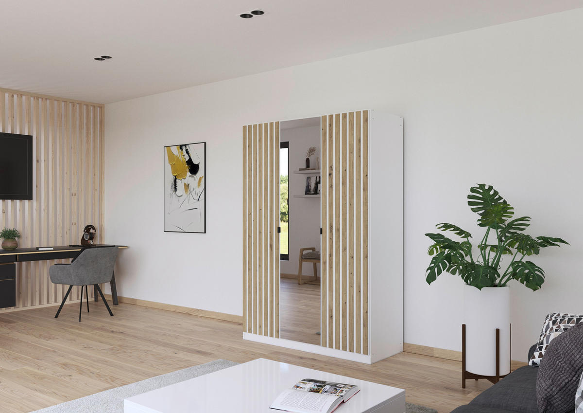 DREHTÜRENSCHRANK 136/197/54 cm,  in Weiß, Eiche Artisan, 3-türig  - Weiß/Eiche Artisan, MODERN, Holzwerkstoff/Metall (136/197/54cm) - Rauch Möbel