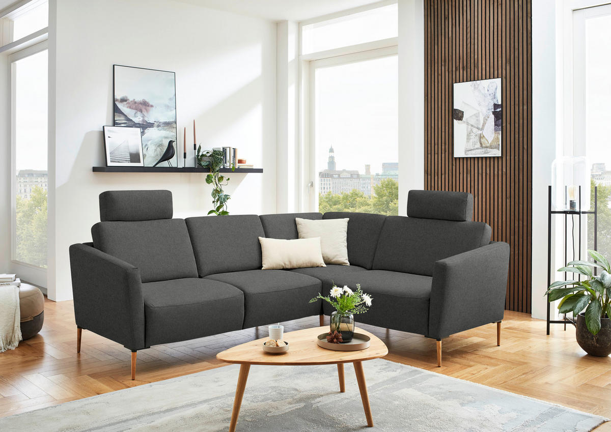 ECKSOFA  in Flachgewebe Dunkelgrau Rücken echt  238/186 cm  - Eichefarben/Dunkelgrau, Design, Holz/Textil (238/186cm) - Valnatura