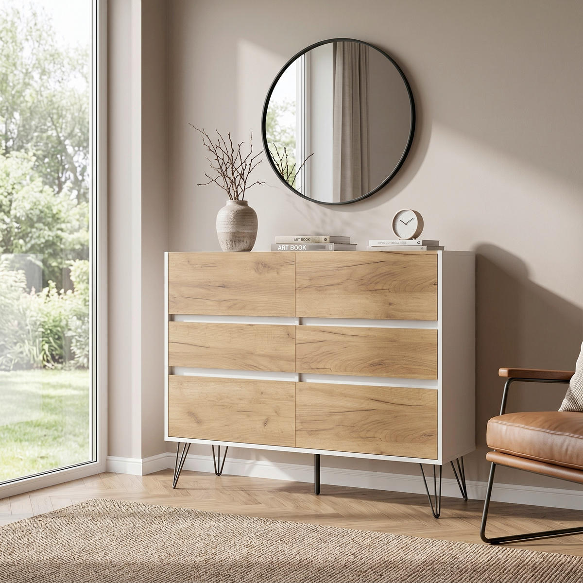 SIDEBOARD Posseik Industrial 120/93,6/42 cm 6 Schublade(n)  - Eichefarben/Weiß Hochglanz, Design, Holzwerkstoff/Metall (120/93,6/42cm) - MID.YOU