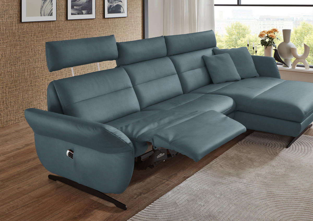 ECKSOFA in Echtleder Blaugrau  - Blaugrau/Schwarz, Design, Leder/Metall (300/157cm) - Dieter Knoll