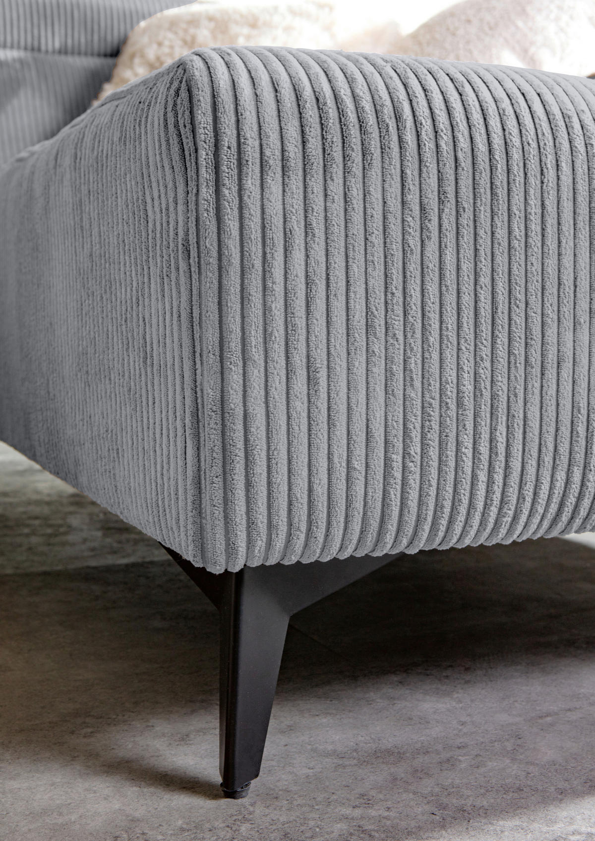 ECKSOFA Hellgrau Cord Rücken echt, Kopfteilverstellung, Sitzvorzug  - Hellgrau/Schwarz, KONVENTIONELL, Textil/Metall (257/170cm) - Carryhome