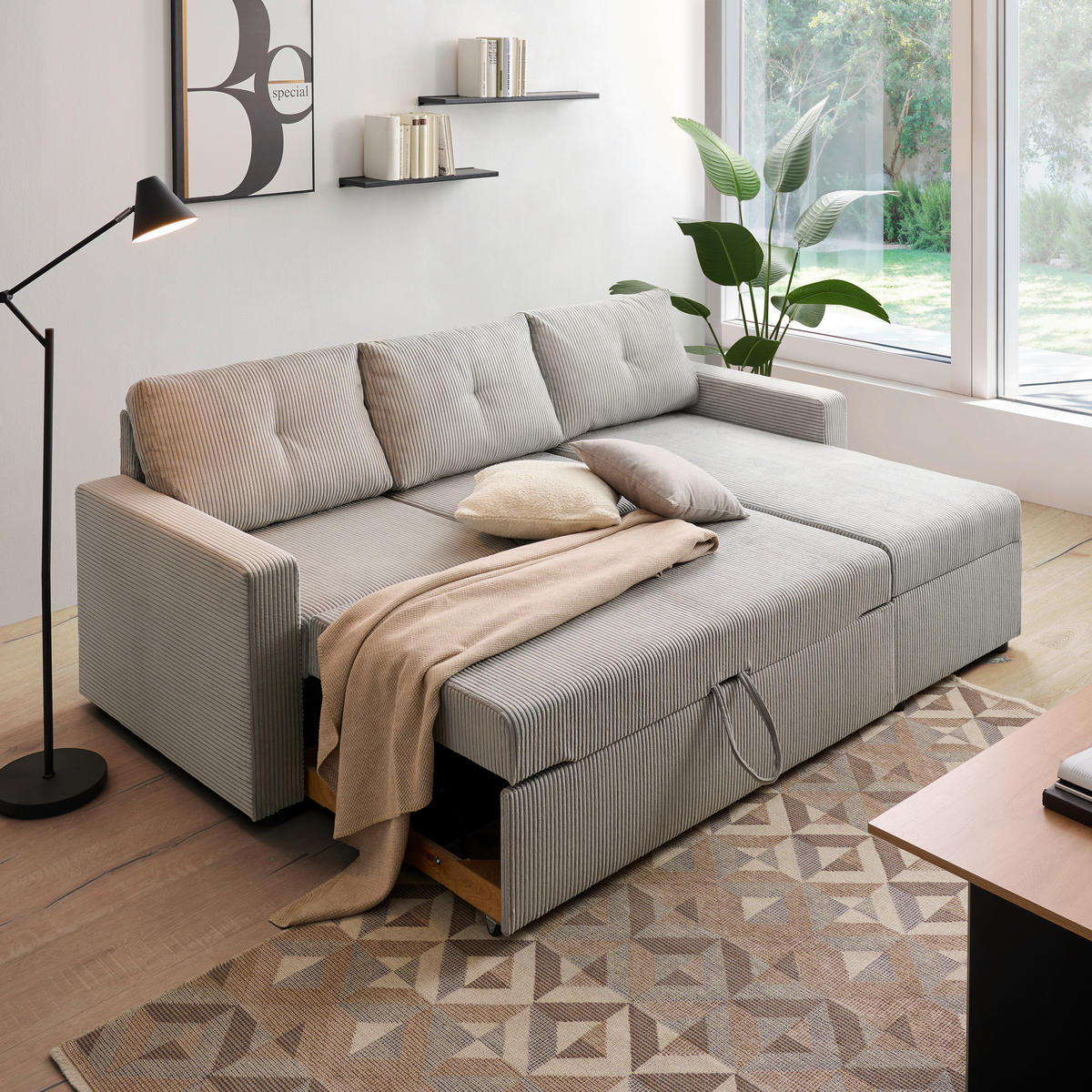 ECKSOFA Hellgrau Cord  - Hellgrau/Schwarz, KONVENTIONELL, Kunststoff/Textil (218/155cm) - Ti'me