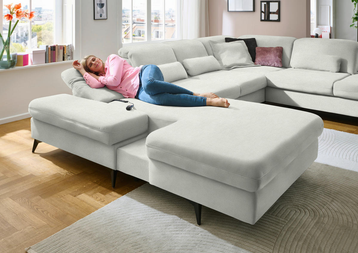 WOHNLANDSCHAFT  in Chenille Naturfarben  - Schwarz/Naturfarben, Design, Textil/Metall (198/364/255cm) - Beldomo Style