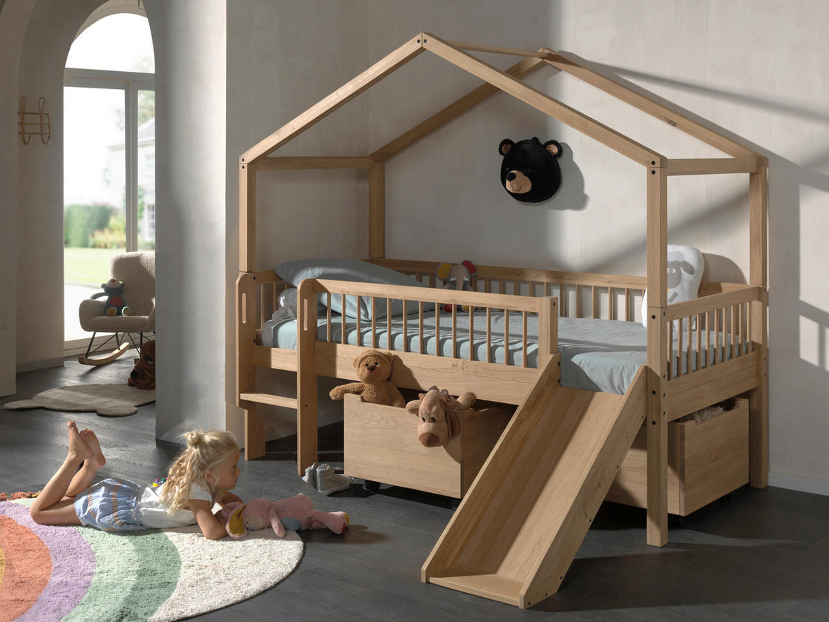 HAUSBETT Absturzsicherung, Leiter, Rutsche, Rollrost, Bettschublade 90/200 cm  - Eichefarben/Naturfarben, MODERN, Holz (90/200cm) - MID.YOU