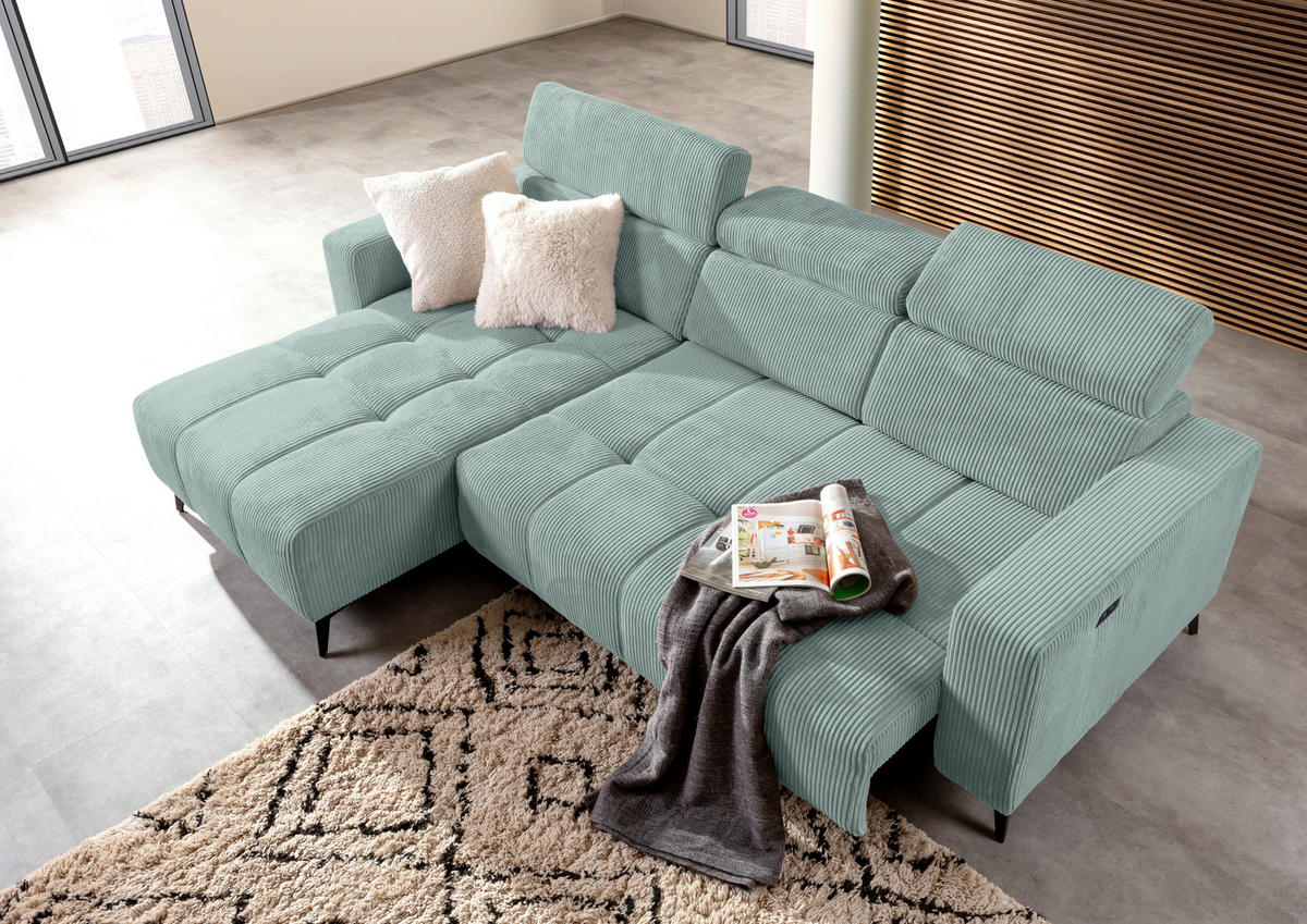 ECKSOFA Mintgrün Cord Rücken echt, Kopfteilverstellung, Sitzvorzug  - Schwarz/Mintgrün, KONVENTIONELL, Textil/Metall (170/257cm) - Carryhome