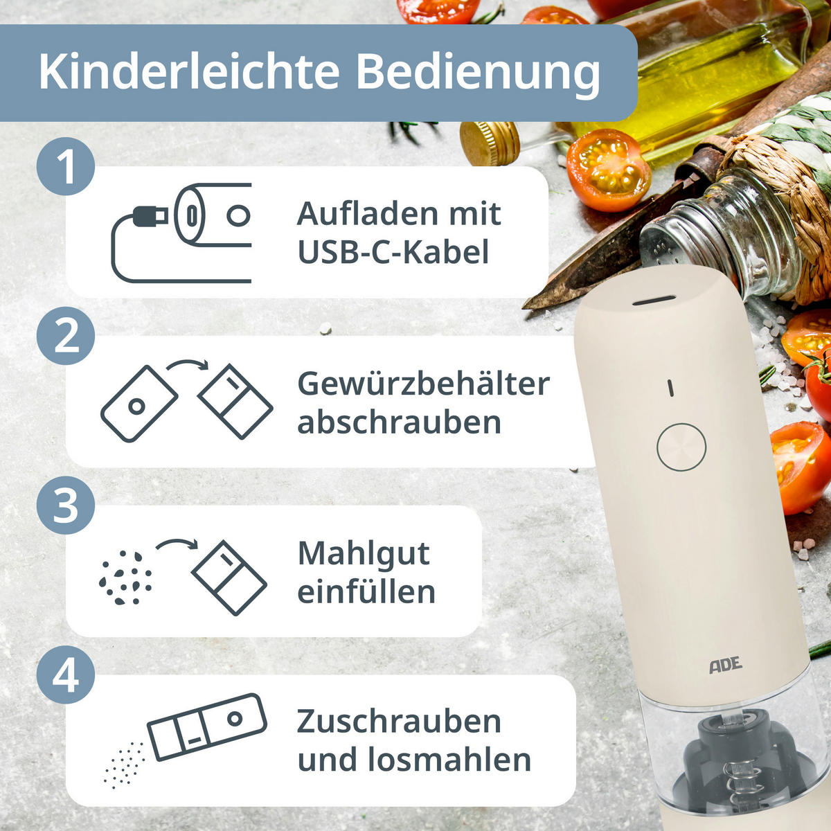 ELEKTR. SALZ-/PFEFFERMÜHLE  - Creme, Basics, Kunststoff/Metall (3,8/3,8/14cm) - ADE